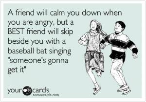 Friends sing with a baseball bat